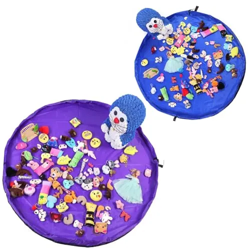 Guador 2 Stücke Spielzeug Aufraeumsack Teppich Decke Sack für Spielzeug Aufbewahrung Matte Tasche Spielmatte Sack von Kordelzug mit Kappe wie Reisetasche Aufräumsack für Kinder (Lila und Dunkelblau)