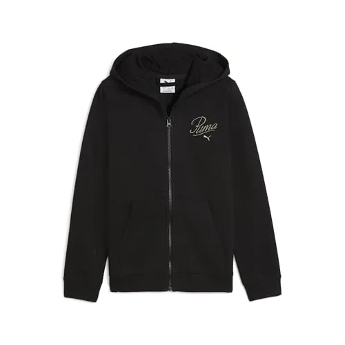 Puma Essentials Script Full-zip Hoodie FL G - Puma Black - Stylische Kapuzenjacke aus 20% recycelter Baumwolle, ideal für Training und Freizeit. Mit Kängurutaschen und durchgehendem Reißverschluss für optimalen Komfort.