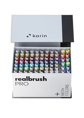 KARIN Realbrush PRO Mega Box PLUS - 72 Farben inkl. 12 Neonfarben - Kalligraphie-Stifte mit flexibler Pinselspitze, wasserbasierten intensiven Farben und innovativem Free-Ink System für müheloses Mischen und kreatives Arbeiten.