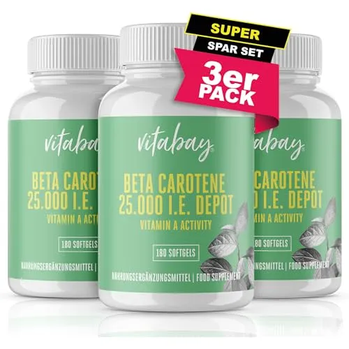Vitabay Beta Carotin Depot Bräunungskapseln - 540 VEGANE SOFTGELS (3er Set) mit 25000 I.E - Vorstufe von Vitamin A hochdosiert Kapseln Bräune Karottensaft Karotin