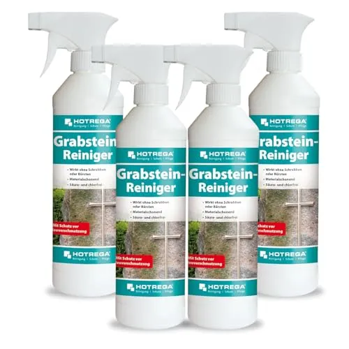 HOTREGA® Grabstein Reiniger 500ml - Effektiver Grünbelagentferner - Tiefenwirksamer Reiniger für Stein, Metall und mehr. Entfernt hartnäckige Verschmutzungen ohne Schrubben, schützt Oberflächen bis zu einem Jahr vor Neuverschmutzung. Ideal für Grabsteine, Terrassen und Gartenmöbel.