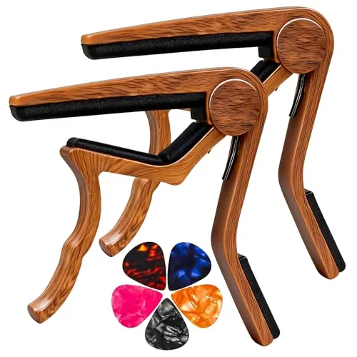 Kapodaster für Akustik- und E-Gitarren, Akustikgitarre, Kapodaster für Akustikgitarre, 6 Saiten, 2 Packungen mit 5 Plektren (Holz)