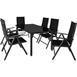 Casaria Garten-Essgruppe Bern, 7-tlg. Aluminium mit Sicherheitsglas - Hochwertige 7-tlg. Essgruppe aus pulverbeschichtetem Aluminium mit 5mm Sicherheitsglas-Tischplatte. Klappbare Stühle mit 8-fach verstellbaren Rückenlehnen, ideal für wetterfesten Komfort im Freien.