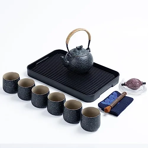 TEANAGOO Komplettes japanisches Teeset mit Tablett, Charcoal Grey, Teekanne Set，China Tea Set, 1 Teekanne (700ml/25oz) + 6 Teetassen(205ml/7.2oz),U1, Teeservice,Teekanne mit tasse