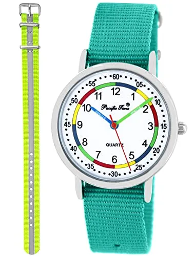 Pacific Time Lernuhr Mädchen Jungen Kinder Armbanduhr 2 Armband türkis + gelb reflektierend analog Quarz 11057