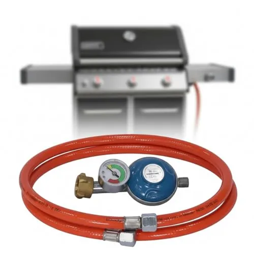 Mucola Gasgrill Gas Schlauch + Druckminderer mit Manometer - Grillzubehör für Gasbetrieb, inklusive Manometer zur Druckkontrolle für sicheres Grillen und optimale Leistung.