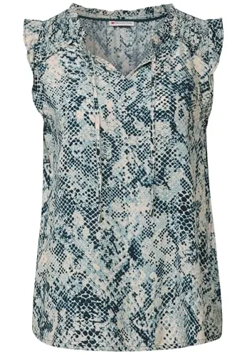 STREET ONE Damen Blusentop 3411797 mit Rüschen, Arona Blue - Stylisches ärmelloses Blusentop mit Rüschen und grafischem Muster, ideal für lässige Sommerlooks. Hergestellt aus weicher Viskose für ein angenehmes Tragegefühl.