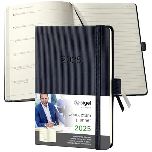 SIGEL C2515 Terminplaner Wochennotiz-Kalender 2025, ca. A6, schwarz, Hardcover, 176 Seiten, Gummiband, Stiftschlaufe, Archivtasche, aus nachhaltigem Papier, Conceptum