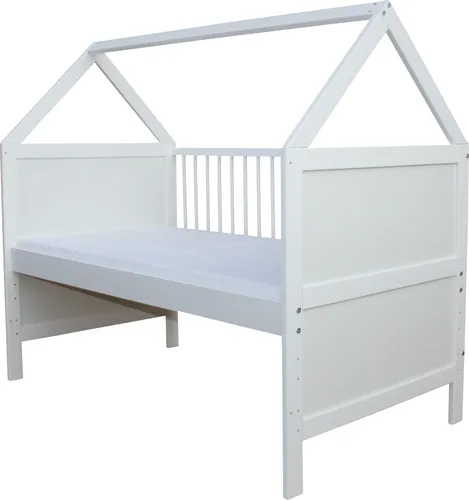 Babybett Kinderbett Juniorbett Bett Haus 140x70 cm umbaubar mit Matratze weiss