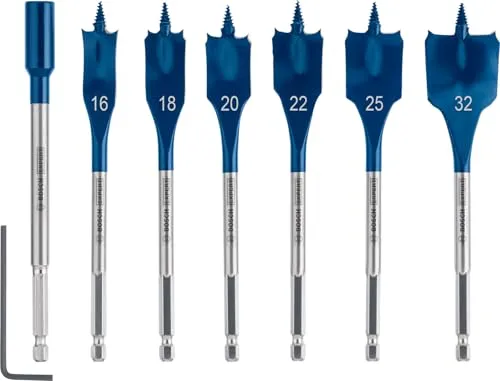 Bosch EXPERT Self Cut Speed Flachfräsbohrer-Set 7-tlg. - Flachfräsbohrer für Weichholz, bis zu 3-mal schnelleres Bohren dank Bosch Tip Technology, ideal für Kabel- und Rohrinstallationen.