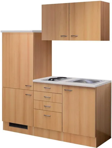 Flex Well Singleküche Nano 160 cm - Reversible Variante in Buche Matt - Küchenzeile für kleine Räume, inkl. Einbaugeräte und ergonomischen Griffen. Hochwertige Verarbeitung und pflegeleichte Oberflächen bieten langfristige Freude.