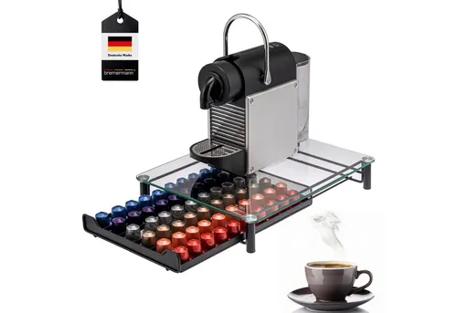 bremermann Kaffeekapsel-Box für 60x Nespresso - Schubladen für Kaffeekapseln - Praktische Box mit Glasplatte für bis zu 60 Nespresso-Kapseln, ideal für Ordnung und als Unterlage für Ihre Kaffeestation.