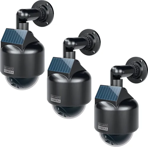 BASI 3er Set Solar Kamera-Attrappe mit LED-Licht - Überwachungskameras, täuschend echt mit blinkendem LED-Licht und solarbetrieben – ideal zur Abschreckung in Innen- und geschützten Außenbereichen.