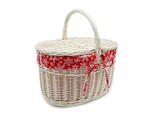 MyBer® Weidenkorb – Eleganter Picknickkorb mit Stoffeinlage - Einkaufskorb aus hochwertiger Vollweide, handgefertigt und ideal für Ausflüge. Mit abnehmbarem, waschbarem Stoffbezug im winterlichen Muster. Ein echter Hingucker!