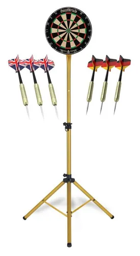 Stagecaptain DBS-1715 BullsEye Pro Dartscheibe + Ständer Set Gold - Dartscheibe aus Sisal mit extra dünner Drahtspinne, stufenlos höhenverstellbarer Ständer und komplettem Zubehör für das ultimative Spielerlebnis.