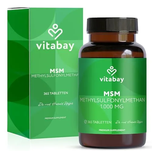 Vitabay MSM Tabletten Hochdosiert - 365 vegane Gelenkskapseln - Dimethylsulfon (MSM) - Hochdosierte, natürliche Schwefelquelle für Gelenke, laborgeprüfte Qualität ohne Zusatzstoffe, ideal für die tägliche Unterstützung.