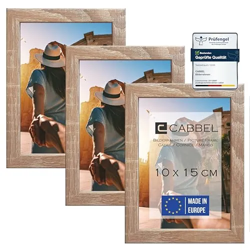 CABBEL (3er Set Bilderrahmen 10x15 cm, Mokka, stabiles MDF-Holz Rahmen, bruchsicherem Plexi-Glas, zum Aufhängen & Aufstellen, ideal für Fotos/Bilder/Collage
