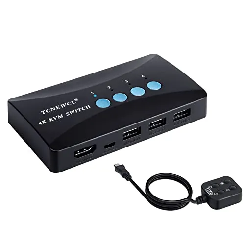 TCNEWCL KVM Switch HDMI 4 Port - 4K USB Umschalter für 4 Computer - KVM-Switch für 4 Computer mit 4K Auflösung und USB Unterstützung. Inklusive Fernbedienung und 2-in-1 Kabel für einfache Bedienung und hohe Kompatibilität.