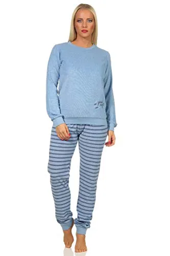 RELAX by Normann Damen Frottee Pyjama mit Bündchen - Hose gestreift, Top mit Mond Applikation - 212 13 800, Farbe:hellblau, Größe:40-42