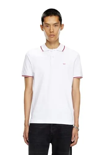 Diesel T-Smith-D Polo Shirt Weiß M - Poloshirt für Herren aus Baumwolle, körpernaher Style mit gestreiftem Besatz und rotem D-Patch auf der Brust, ideal für lässige Outfits.
