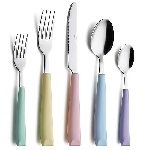 Annova 20-teiliges Edelstahl-Besteck-Set – farbige Griffe – 4 x Menuegabeln, 4 x Salatgabeln, 4 x Menümesser, 4 x Esslöffel, 4 x Teelöffel – Service für 4 (Pastell-Mix)