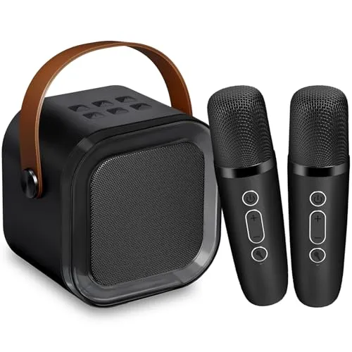 Mini Karaoke Maschine Kinder mit 2 Mikrofonen, tragbar Kinder Mikrofon Geschenk 3-12 Jahre, Kindermikrofon mit 5 magischen Stimmen, Jungen Spielzeug für Partys, Camping, Autoreisen – Schwarz
