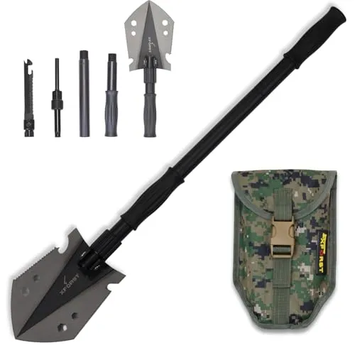 Xforst Multifunktionaler Klappspaten für Camping und Survival – Karbon-Stahl Schaufel mit 3 Längen Kombi, Survival-Säge, Feuerstein, Pfeife und Tasche – Offroad Zubehör