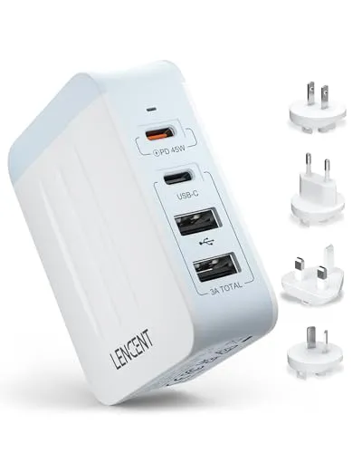 LENCENT Universeller Reiseadapter, 45W Mehrfach USB Ladegerät, Internationaler Adapter mit 2 PD Typ-C+2 USB Anschlüssen, Weltweiter Reisestecker für Typ A/C/G/I (USA/UK/EU/AUS) Steckdosen, Weiß