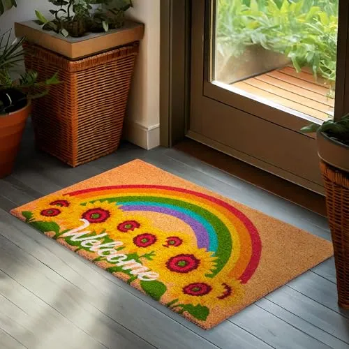 BRUBAKER Fußmatte für Außen und Innen - Welcome mit Sonnenblumen und Regenbogen - 45 x 75 cm Blumen Schmutzfangmatte aus 100% Kokos - Antirutsch Fußabtreter Wetterfest & rutschfest - Türmatte