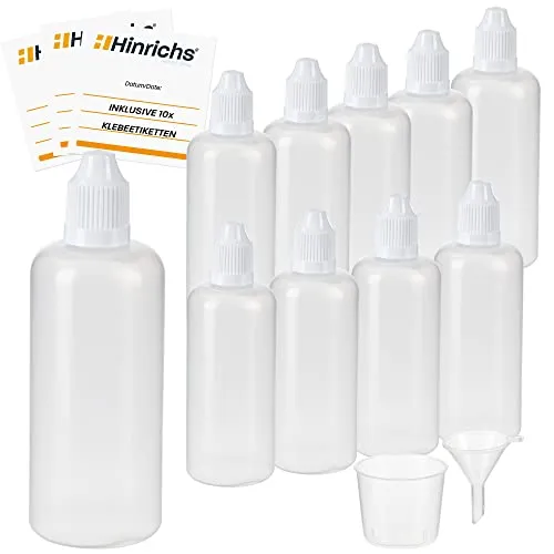 Hinrichs 10 x 100ml Liquid Flaschen mit Trichter, Messbecher und Etiketten