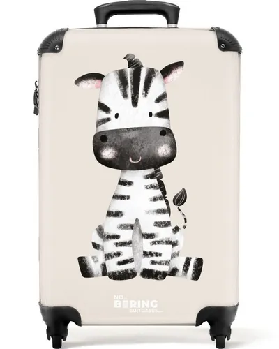 NoBoringSuitcases.com© Kinderkoffer Baby - Zebra Portraitzeichnung mit beigem Hintergrund 55x35x20cm, 4 Rollen, Kinder Koffer Klein, Trolley Handgepäck, Reisekoffer