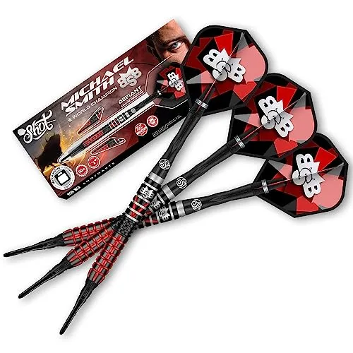 Shot! Soft Darts | Michael Smith | Bully Boy Defiant | 90% Tungsten Softtip Darts | Softdart | Hochwertige Tungsten Dartpfeile Set mit Schäften und Flights | Made in Neuseeland | 18 Gramm