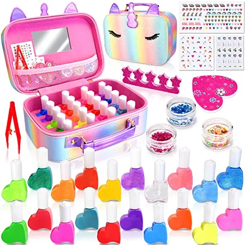 MarckersHome 30Pcs Kinder Nagellack Set Einhorn Schminkkoffer, 20 Farben & Zubehör, Waschbar & Safe, DIY, Prinzessin Verkleiden