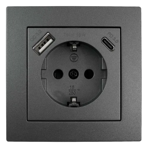 McPower Flair Schutzkontakt-Steckdose mit Quickcharge - Moderne Unterputz Steckdose mit 1x USB-C und 1x USB-A, 18W Quickcharge, ideal für schnelles Laden. Hochwertige Verarbeitung in elegantem Anthrazit, passend zu vielen Einrichtungsstilen.