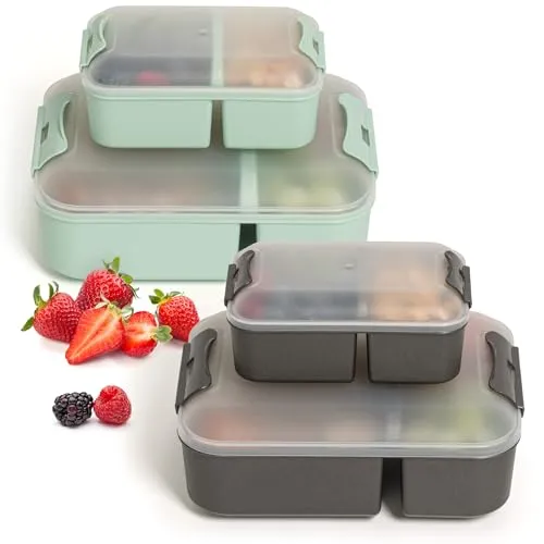 Hausfelder Brotdose Kinder mit Fächern 4er Set (2x Groß 2x Klein) Lunchbox mit 2 Fächern BPA-frei, Brotdosen für Schule Büro, Brotbox Erwachsene, SpaceBlack MintGreen