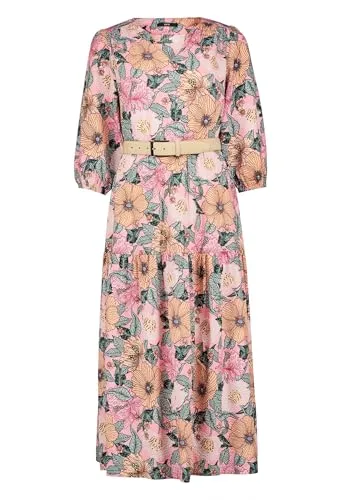 zero Damen Maxikleid mit Blumenprint 42, Rosé/Green - Elegantes Maxikleid in A-Linie mit floralem Design und Gürtel. Ideal für lässige Anlässe. Unser Model ist 175 cm groß und trägt Größe 36.