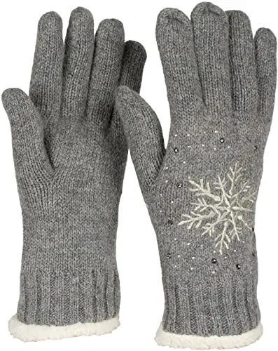 styleBREAKER Damen Handschuhe mit gestickter Schneeflocke, Strass und Fleece, warme Thermo Winter Strickhandschuhe 09010020, Farbe:Grau