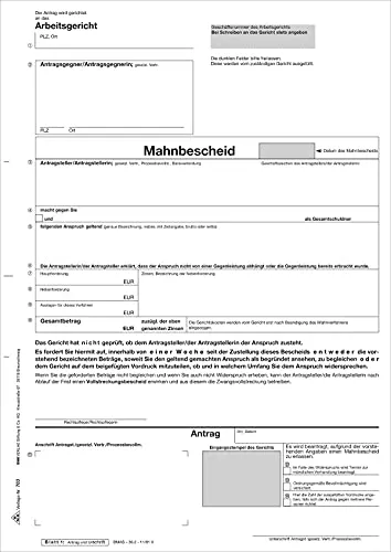 RNKVERLAG 703 - Antrag Mahn- und Vollstreckungsbescheid Arbeitsgericht - SD, 1 x 5 Blatt, DIN A4, 25 Stück