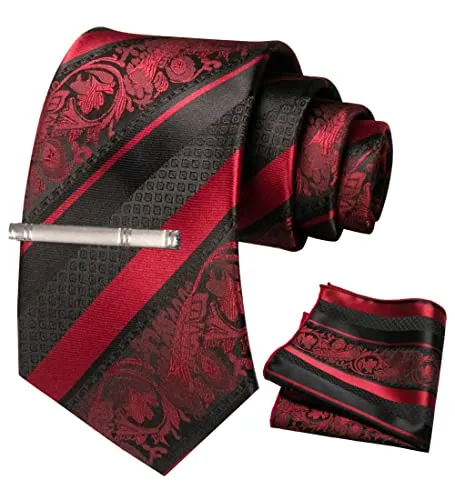 JEMYGINS Mode Blumen Krawatten und Einstecktuch mit krawattenklammer Sets für Herren, Dunkelrot, M