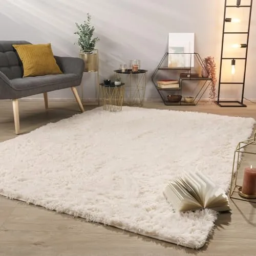 TT Home Teppich Wohnzimmer Hochflor Langflor Weich Soft Modernes Einfarbiges Design, Farbe: Beige Creme, Größe:80x150 cm