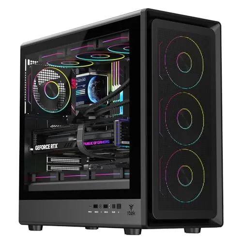 Itek Gaming-Gehäuse MESHCORE 36B – ATX-Tower mit 4 integrierten 12-cm-ARGB-Lüftern, USB-C, 2X USB 3.0 und seitlichem Tempered-Glass-Panel