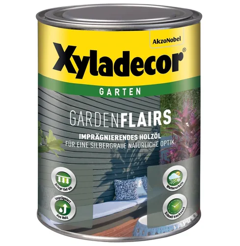 Xyladecor Holzöl GardenFlairs 1,0l - Seidenmatt in Klassik Grau - Lacke für außen mit natürlichem Metalleffekt, der das Holz atmungsaktiv macht und es vor Wetter, Wasser und UV schützt. Ideal für Terrassen, Zäune und mehr.
