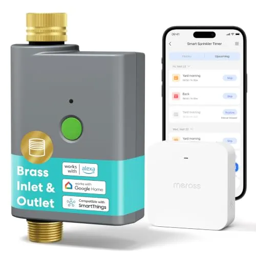 meross Bewässerungscomputer WLAN mit Smart Hub, Bewässerungstimer Garten, App- und Sprachsteuerung, Regenpause, Wasserverbrauchsanzeige, Messinganschlüsse, IP65, Alexa, Google & Apple Home, Grau