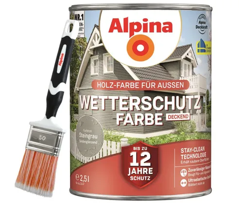 Alpina Holzschutzlasur - Set - Wetterschutz-Farbe deckend 2,5L + Pinsel 50mm