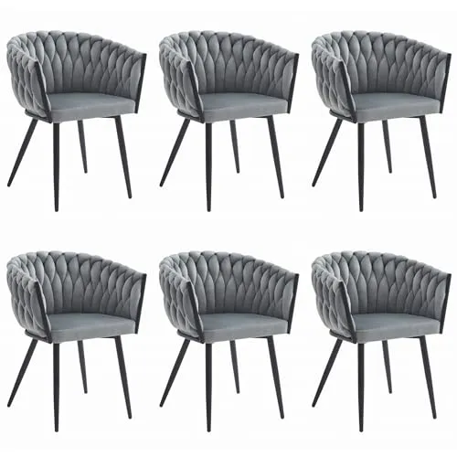 Komodee Arona hellgrauer Samtpolsterstuhl mit Armlehnen Metallbeine, für Wohnzimmer, Esszimmer, 6 Stück, belastbar bis 110 kg