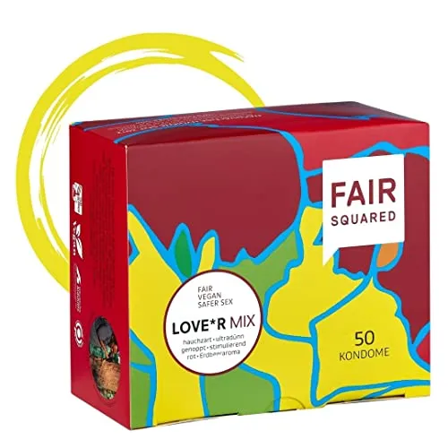 FAIR SQUARED 50 Stück Kondome Mix – Mix Sortiment aus drei verschiedenen veganen Kondomen – Naturkautschuk nachhaltig & fair – Kondome gefühlsecht hauchzart