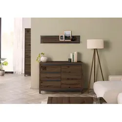 Sideboard Kernbuche 120x45x85 tabacco braun geölt VILLANDERS - Elegantes Sideboard aus massiver Kernbuche mit Soft-Close-Technologie. 3 Schubladen und 2 Fächer bieten viel Stauraum. Edles Design mit markanter Rissoberfläche und stabilen Metall-Details – ideal für Ihr Zuhause.