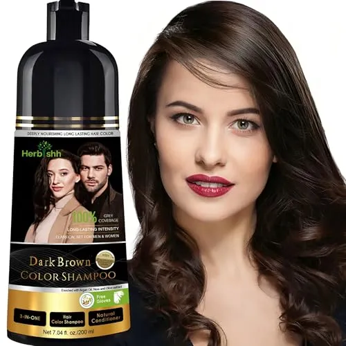Herbishh Haarfärbeshampoo Dunkelbraun 200 ml – 3 in 1 Haarfarbe Shampoo, Dark Brown Hair Dye Shampoo, Color Shampoo Dunkelbraun, Grauabdeckung, Ammoniakfrei, Für Dunkelbraune Haare Damen & Herren
