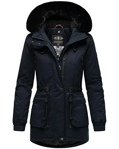Navahoo Damen Winterjacke Olessaa Navy Gr. S - Funktionsjacke mit abnehmbarem Kunstfell an der Kapuze, taillierter Schnitt und flauschigem Teddyfell-Innenfutter – ideal für kalte Wintertage!