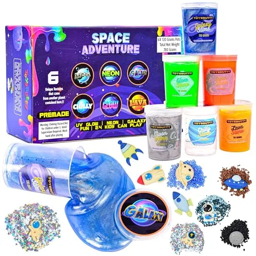 ToysButty Galaxy Schleim Kit, 6 Slime Selber Machen Set Toys, Glow in Dark Party, Neon Zubehör Slime Set für Mädchen Jungen, mit 15 Space Slime Charms, Geschenke Kosmos Experimente für Kinder